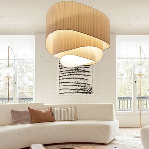 Lustre japonais minimaliste ovale en tissu plissé, E27, commande par interrupteur, luminaire suspendu moderne pour salon - Product Image 3