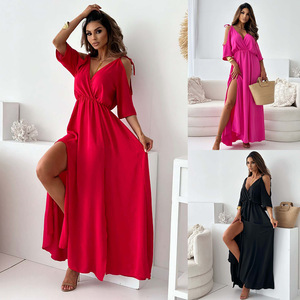 Vestido maxi holgado con aberturas, color liso, transpirable, ecológico, corte A, cintura alta, cuello en V, manga corta, venta al por mayor directamente de fábrica - Product Image 2