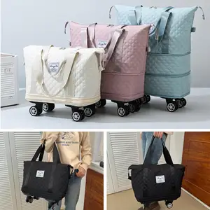 Bolsa de lona rodante plegable expandible personalizada de fábrica, bolsa organizadora de equipaje rodante, bolsa de mano para gimnasio de yoga con ruedas