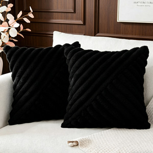 Funda de Almohada Cuadrada de Piel Sintética de Conejo, Diseño a Rayas Negro, para Sala de Estar, Sofá, Antipelusas, Estilo Moderno - Product Image 1