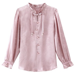 Chinese Style Women's Long Sleeve Top Pink Traditional Elegant Party Wear With Chinese Knot Buttons And Ruffled Trim - Product Image 5