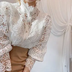 Custom Spring And Autumn Loose Women Elegant Long Sleeve Stand Collar Lace Hollow Out Casual Women Blouses Shirts