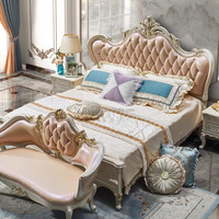 Lit de luxe antique européen capitonné en cuir de première qualité avec cadre en bois blanc ivoire, ensemble de meubles de chambre royale
