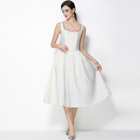 Elegante Vestido Midi Sin Mangas con Cuello Cuadrado y Decoración de Pedrería para Mujer, Color Blanco, Estilo Hepburn, para Primavera y Otoño