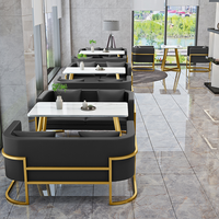 Ensemble de mobilier de restaurant commercial moderne, canapé en cuir de luxe, table à manger en pierre, chaises pour hôtel, café, salon, extérieur