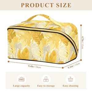 Trousse de Toilette de Voyage pour Femme avec Logo Personnalisé, Motif Feuilles Dorées, Faible MOQ, Sac Cosmétique Jaune avec Compartiments - Product Image 3