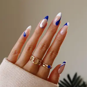 Etiqueta personalizada francesa unhas glitter, onda curta amêndoa redonda imprensa em unhas falsas