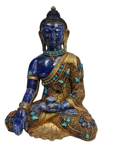 Lapis Lazuli Handcrafted Brass <b>Gold</b> Filigree Buddha <b>Statue</b> Sculpture Handmade Home Decor India Rudra Gems Brand Casting - Product Image 3