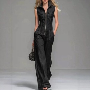 Nuevo Mono de Mezclilla de Algodón con Cuello Mao y Cremallera Frontal, Sin Mangas, Estilo Western Chic, Pierna Ancha, Elegante, 2026 - Product Image 3