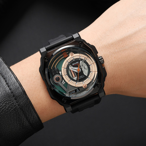 Reloj de pulsera de cuarzo para hombre, estilo mecánico futurista, esqueleto cuadrado, resistente al agua 30M, con correa de silicona - Product Image 1