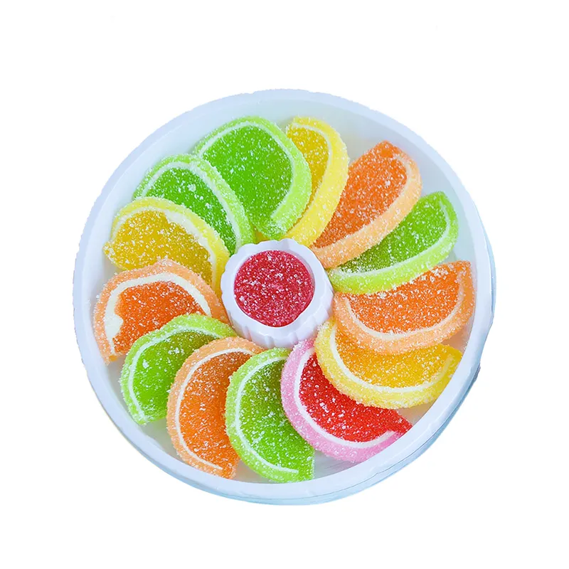Fabbrica certificata HACCP gelatina aromatizzata alla frutta scatola rotonda da 120g deliziosa scatola di giocattoli di caramelle morbide con fetta di frutta colorata
