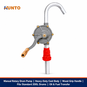 WOVI 25 #   Pompe à tambour rotative manuelle robuste <span class=keywords><strong>avec</strong></span> corps en fonte, poignée en bois, bec courbé argenté et adaptateur de bouchon rouge, compatible <span class=keywords><strong>avec</strong></span> les fûts standard de 200 L - Product Image 1