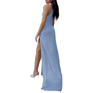 Nouvelle Arrivée Robe Longue Femme Unie Sexy et Élégante Ajustée Sans Manches avec Fente Haute et Volants Taille Naturelle - Product Image 4