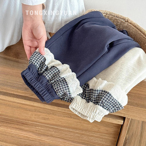 Baby Girls Fleece-<b>Lined</b> Sweatpants Solid Color Plaid Trim Jogger <b>Pants</b> Winter Thickened <b>Pants</b> With Butt Curtain - Product Image 1