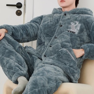 Pyjama d'hiver pour <span class=keywords><strong>homme</strong></span> à trois couches isolées avec doublure en <span class=keywords><strong>polaire</strong></span> et flanelle épaisse, vêtements de maison pour <span class=keywords><strong>homme</strong></span>, ensemble de vêtements de nuit en <span class=keywords><strong>polaire</strong></span> corail chaud - Product Image 2
