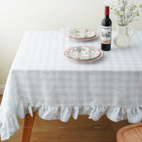 Linge de table classique à volants en lin pur, bleu et blanc à carreaux, décoration pour table à manger, cuisine, nappe à volants