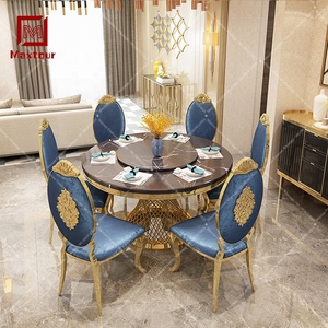 Juego de comedor de lujo de acero inoxidable con tapa de mármol, mesa de cena con <span class=keywords><strong>lazy</strong></span> <span class=keywords><strong>susan</strong></span> para comedor - Product Image 4