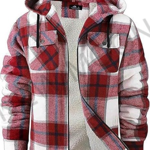Custom Men's Faux Leather Flannel Hooded Jacket Winter Warm Coat with Plaid Zipper Sherpa Hood Fleece Lined Flannel Shirt - Product Image 6