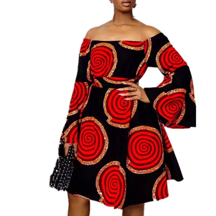 Taglie forti con stampa a manica lunga eleganti abiti da carriera alla moda abito a-linea Midi abiti africani per abbigliamento da donna
