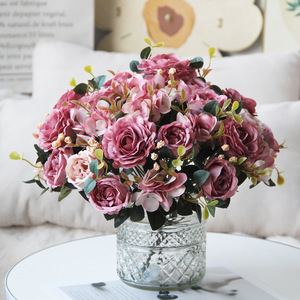 ช่อดอกไม้ประดิษฐ์สไตล์ยุโรปย้อนยุค ทำมือ ดอกไฮเดรนเยีย ดอกโบตั๋น ดอกชบา ดอกกุหลาบ ผ้าไหม สำหรับตกแต่งบ้าน งานแต่งงาน วันแม่ - Product Image 2