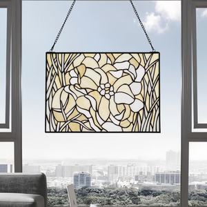 Panel de Vidrio Rectangular Moderno Hecho a Mano de 16" x 11" con Diseño Floral Lácteo, Chapado en Oro Sólido, para Sala de Estar - Product Image 4