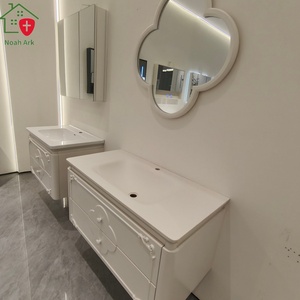 New Chinese-style white bathroom cabinet with carved panel patterns scalloped <b>mirror</b> and white washbasin - Product Image 5