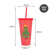 Gobelet réutilisable en gros en vrac 24oz cadeau magique sensible au froid changement de couleur joyeux noël tasse de fête avec paille