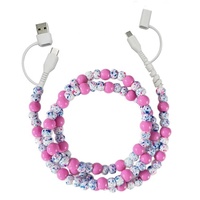 Câble USB-C perlé fait main, coloré, avec perles de peinture sous-glaçure bleu-vert vives et motifs floraux craquelés, pour ordinateur, charge rapide 3A