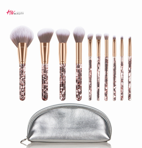 10pcs Series Shiny Crystal Liquid Quicksand Glitter Acrylic Handle Nylon Hair Makeup Tool Brush Set Clear Handle with bag pouch