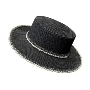 Venta al por mayor personalizado nuevo verano Fedora encaje sombreros para el sol Panamá playa viaje UPF50 + ala ancha sombrero navegante moda mujer perla gorras de paja