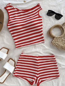 Peeqi Completo Estivo da Donna 2 Pezzi: Top Corto <span class=keywords><strong>e</strong></span> Pantaloncini Rossi Aderenti, Set Casual Estivo Due Pezzi - Product Image 4