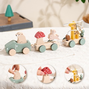 Carrello a spinta multifunzione giocattoli in legno per auto che trascinano gli <span class=keywords><strong>animali</strong></span> tirano il <span class=keywords><strong>treno</strong></span> con fune e giocattoli per cervello - Product Image 1