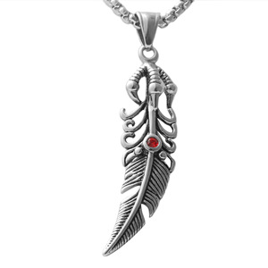 <b>Feather</b> Pendant <b>Necklace</b> Men's Stainless Steel Red Crystal Bezel Setting Retro Punk Style Everyday Wear 120109 - Product Image 1