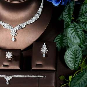 Luxe 4 pièces goutte d'eau collier et boucles d'oreilles zircon cubique femmes ensembles de bijoux pour dubaï nigéria mariée mariage bijoux S-41 - Product Image 4