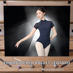Justaucorps de ballet en maille et élasthanne pour femmes adultes |   Combinaison de danse à col montant brodée avec boutons pour l'entraînement - Product Image 2