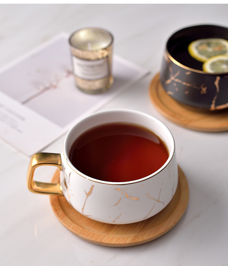Tazza Da Caffè In Ceramica 400 Ml Con Coperchio In Legno E Cucchiaio Dorato - Grande, Moderna, Ideale Per Ufficio E Casa (Blu) - 3