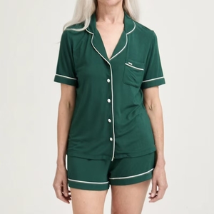 Ensemble de pyjama en viscose de bambou pour femmes, col à revers, cordon de serrage, doux et respirant, vêtements de détente en deux pièces pour femmes - Product Image 1