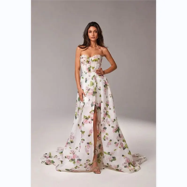 A7833 vente en gros vêtements imprimé floral épaules dénudées fente haute sexy décontracté été longue maxi élégante robe pour femmes