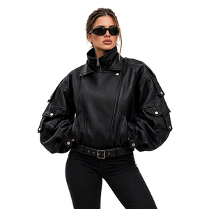 Black PU <b>Leather</b> Motorcycle <b>Jacket</b> Moto Biker Outerwear Zipper Collar <b>Long</b> Sleeve Casual Autumn Winter - Product Image 1