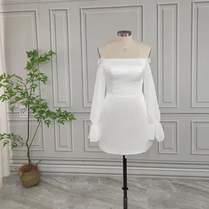 100% Real Photos Simple Chiffon Sleeves Mini Satin Wedding Dress Elegant Women Short Bridal Gown After Wedding Party