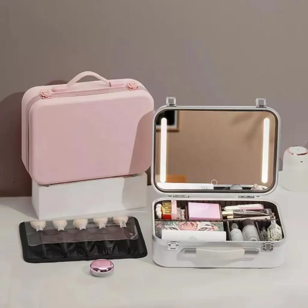 Sarung keras mewah kualitas tinggi koper dengan LED Portable Makeup kereta kasus Organizer Makeup kotak rias mode polos 50 penutup
