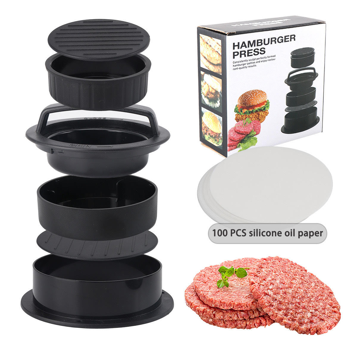 Black-PP Hamburger Press 100PCS Silicone Oil Paper (Color Box)
