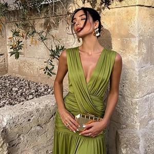 Robe longue sans manches en jersey doux pour femme, col en V profond, froncée, style cache-cœur - Service d'agent d'achat FTS Chine, expédition DDP, dédouanement - Product Image 4
