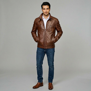 High Quality Custom PU <b>Leather</b> Varsity <b>Jacket</b> for <b>Men</b> with Coated Processing Stand Collar Breathable Vintage Style - Product Image 1