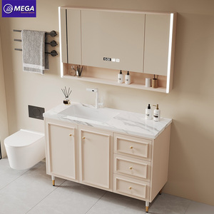 Mueble de Baño <span class=keywords><strong>con</strong></span> Espejo LED Inteligente, Resistente a la Humedad, <span class=keywords><strong>con</strong></span> Lavabo de Cerámica, en Color Crema Claro, Personalizado para Proyectos Hoteleros - Product Image 1