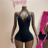 Combinaison noire sexy pour femme Jiubaju, style mode, décolleté plongeant, dos nu à lacets, nouvelle tenue sportive urbaine