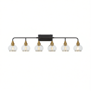 Modern 6-Light Industrial Iron Wall Mounted <b>Bathroom</b> Vanity Light Fixture Clear Glass <b>Shades</b> Black Gold Finish - Product Image 1