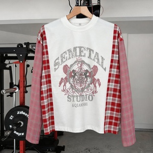 ผู้ผลิตเสื้อยืดแขนยาวผ้าคอตตอนหนานุ่มพิมพ์ลายสำหรับผู้ชาย เสื้อผ้าสตรีทแวร์แบบสั่งทำพิเศษ ลายสก็อตต่อผ้า เสื้อยืดโอเวอร์ไซส์แขนยาว - Product Image 1