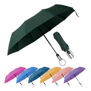 Popular de alta calidad de mango corto Auto-open a prueba de viento 3 paraguas plegable con logotipo