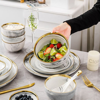 Service de vaisselle en porcelaine marbrée gris et rose avec bordure dorée 2025, ensembles de vaisselle pour le petit-déjeuner, vaisselle en céramique de luxe pour la cuisine et la maison